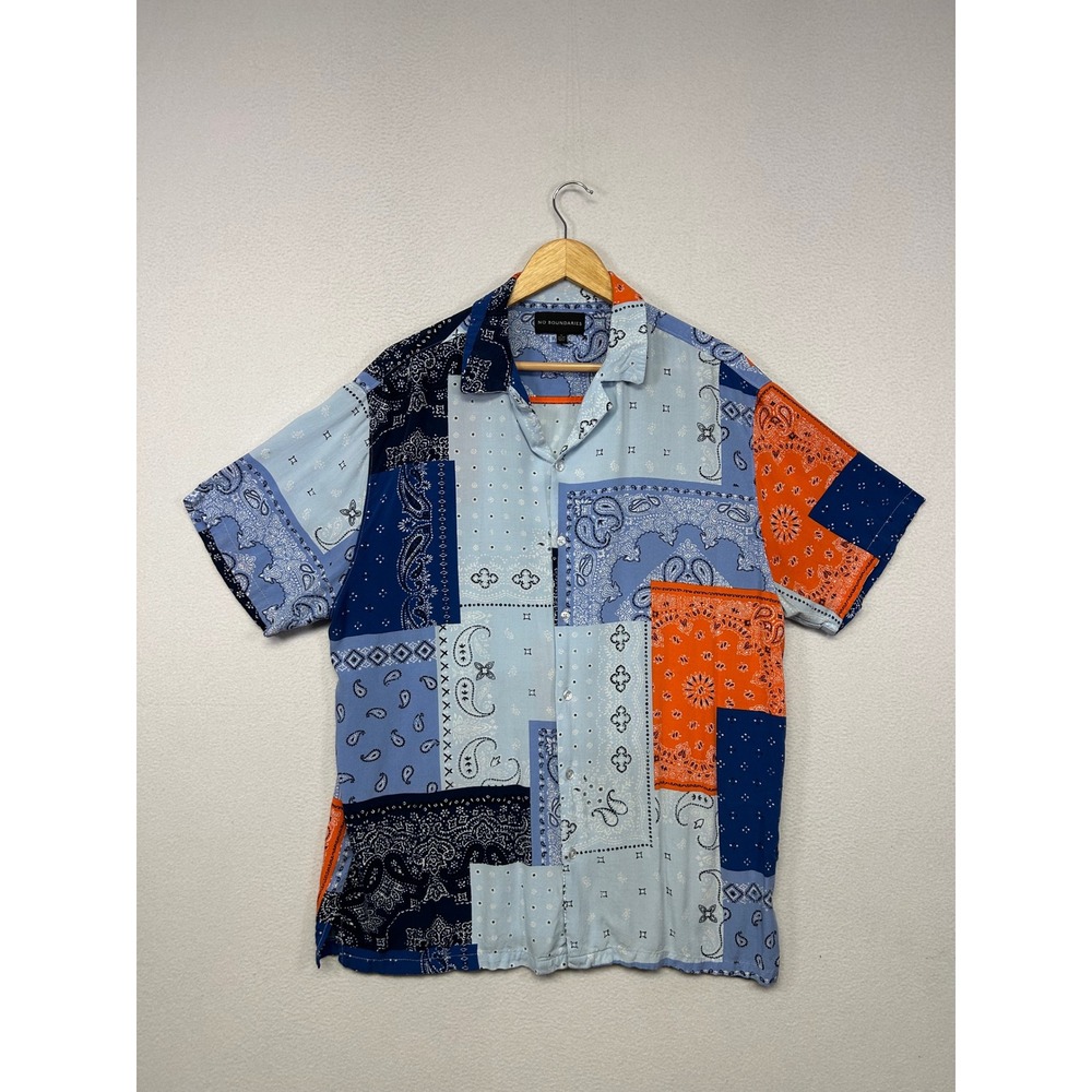 Boho Festival No Boundaries Mens XL Blue Orange Patchwork Bandana Button Shirt